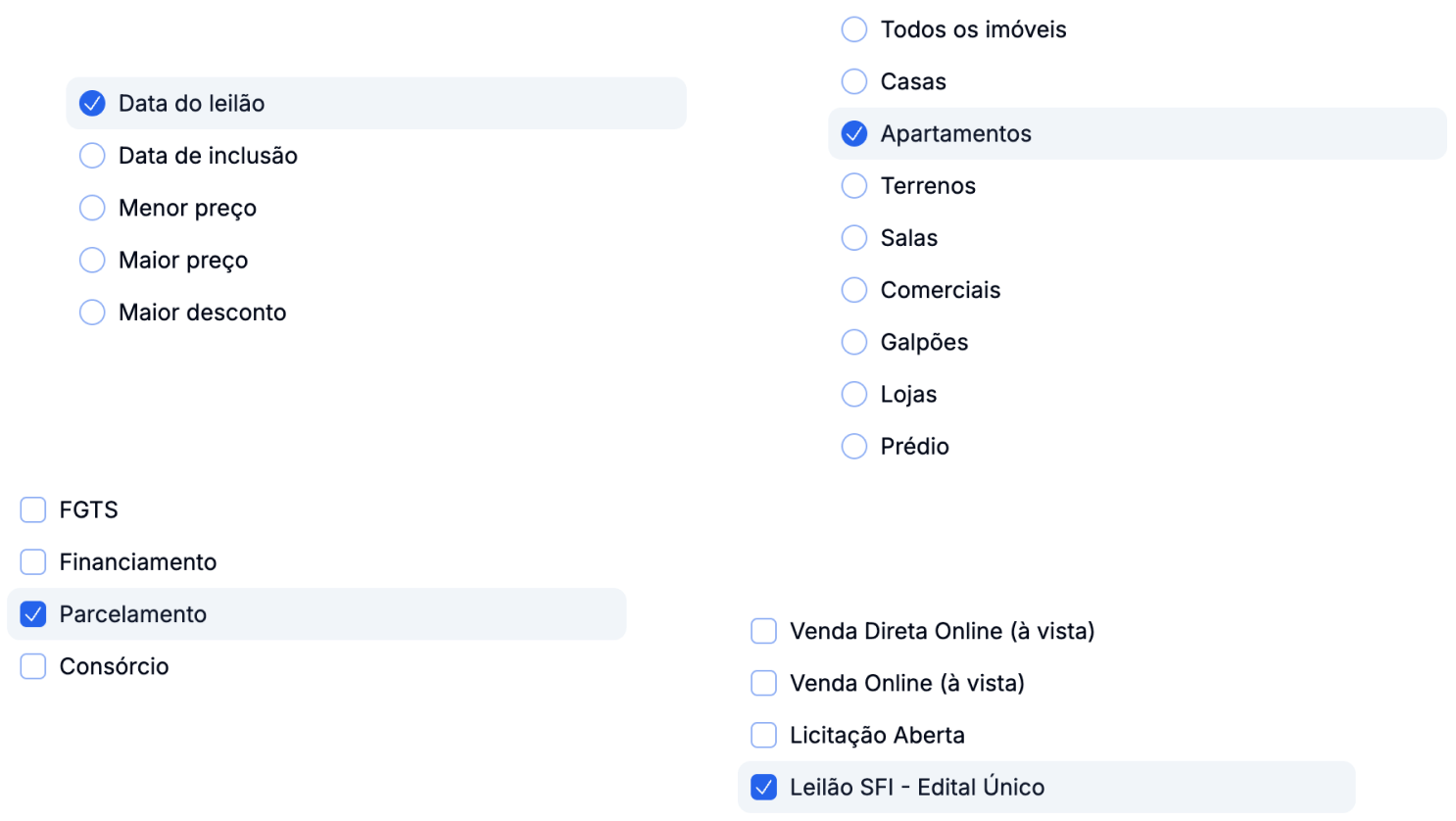 Filtros avançados para imóveis de Leilão