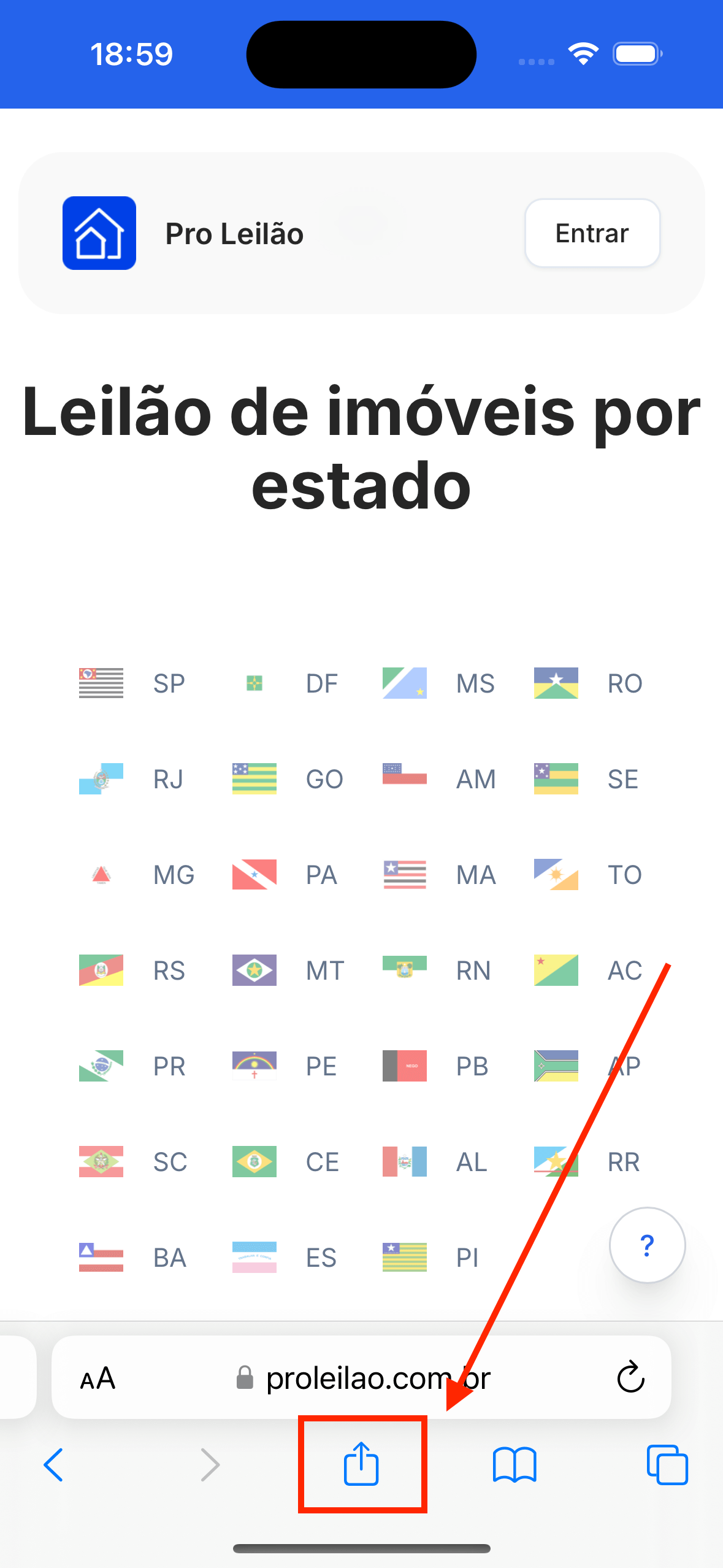 Passo 1: Acesse o site pelo Safari e toque no botão de compartilhar