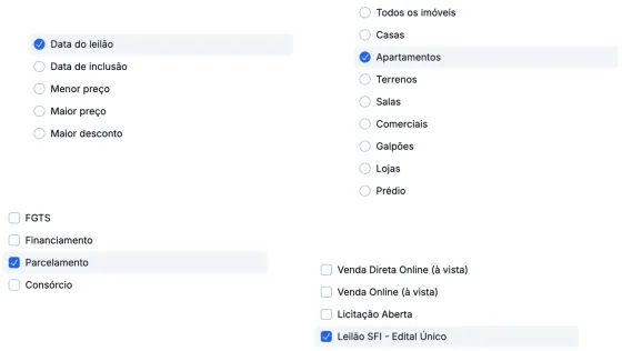 Filtros Avançados Filtros avançados para leilão de imóveis